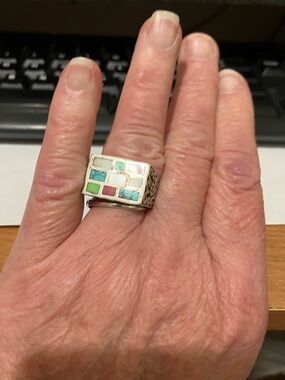 Sterling Silver Multicolor Inlay Wide Band Ring - Blue Green Pink Cream